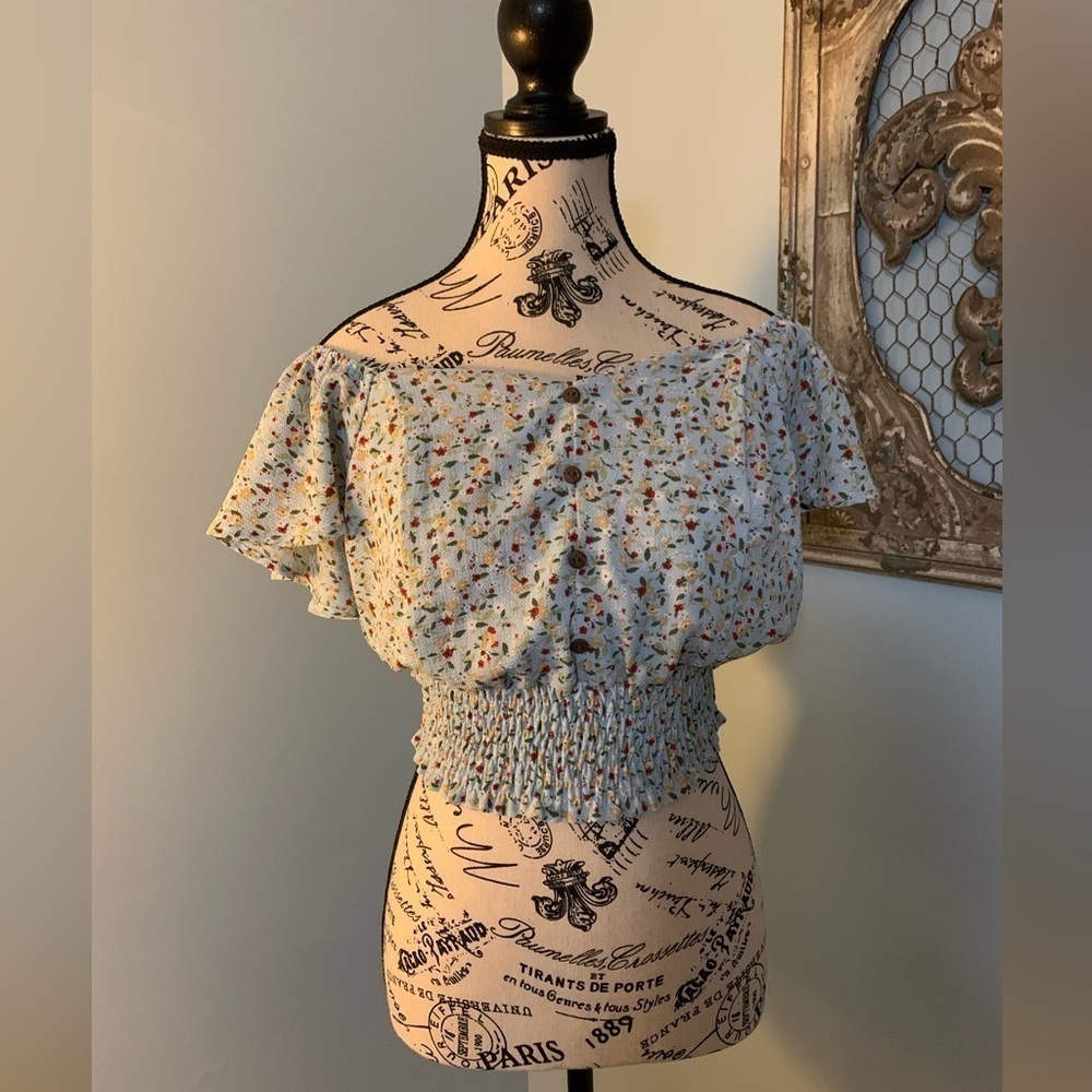 Women’s Monteau Blue Floral Peasant Crop Top Size Medium